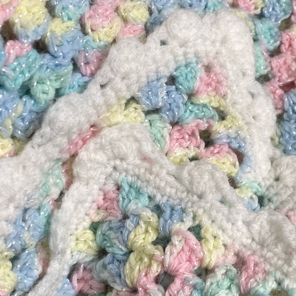 Crocheted Homemade Baby Blanket Pink, Yellow, Green, Blue and White 36x26 - Picture 3 of 5